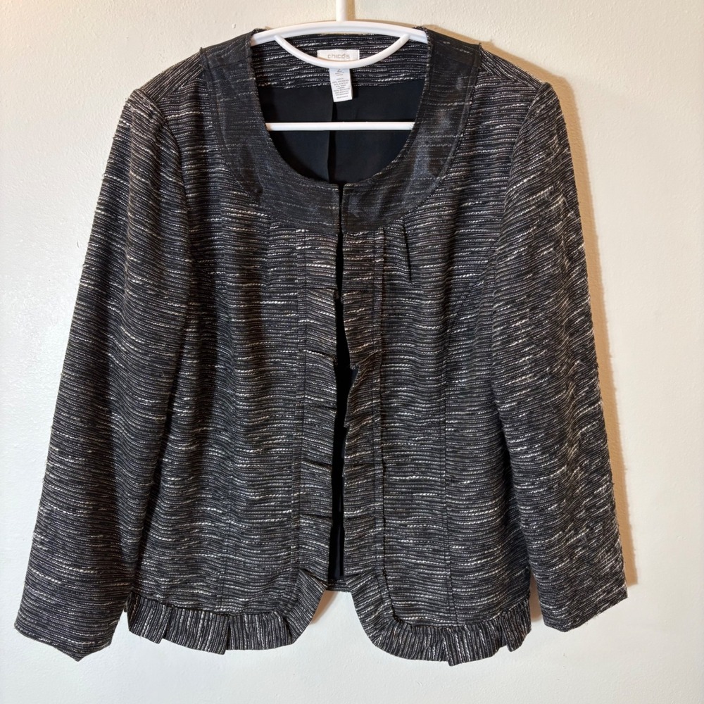 Chico's Black White Textured Tweed Blazer Jacketβ Ruffle Hem Size 2 (Large)